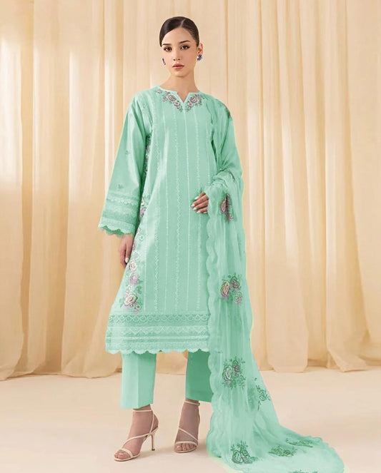 LAWN 3 PIECE | FULL HEAVY EMB UNSTICHED SUIT FOR SUMMER 2025
