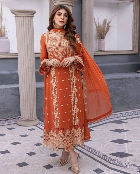 LAWN 3 PIECE | FULL HEAVY EMB UNSTICHED SUIT FOR SUMMER 2025