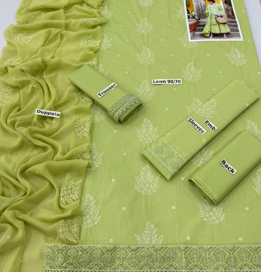 LAWN 3 PIECE | FULL HEAVY EMB UNSTICHED SUIT FOR SUMMER 2025
