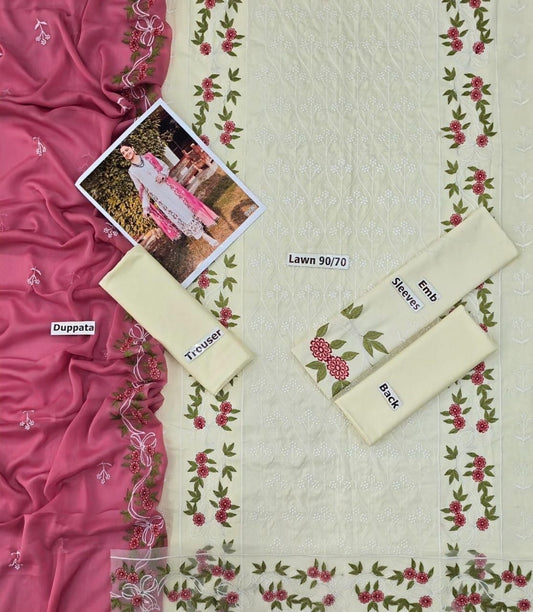 LAWN 3 PIECE | FULL HEAVY EMB UNSTICHED SUIT FOR SUMMER 2025