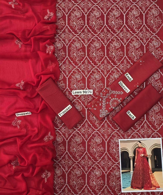 LAWN 3 PIECE | FULL HEAVY EMB UNSTICHED SUIT FOR SUMMER 2025