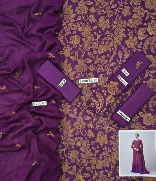 LAWN 3 PIECE | FULL HEAVY EMB UNSTICHED SUIT FOR SUMMER 2025