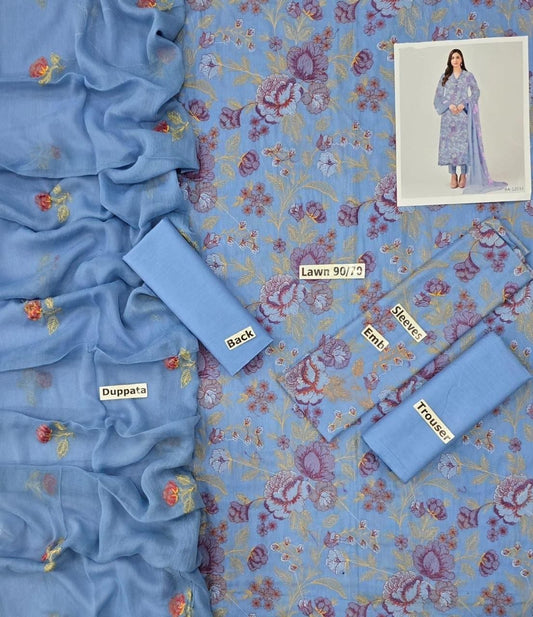 LAWN 3 PIECE | FULL HEAVY EMB UNSTICHED SUIT FOR SUMMER 2025