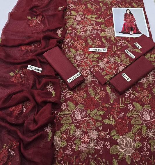 LAWN 3 PIECE | FULL HEAVY EMB UNSTICHED SUIT FOR SUMMER 2025