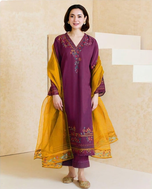LAWN 3 PIECE | FULL HEAVY EMB UNSTICHED SUIT FOR SUMMER 2025