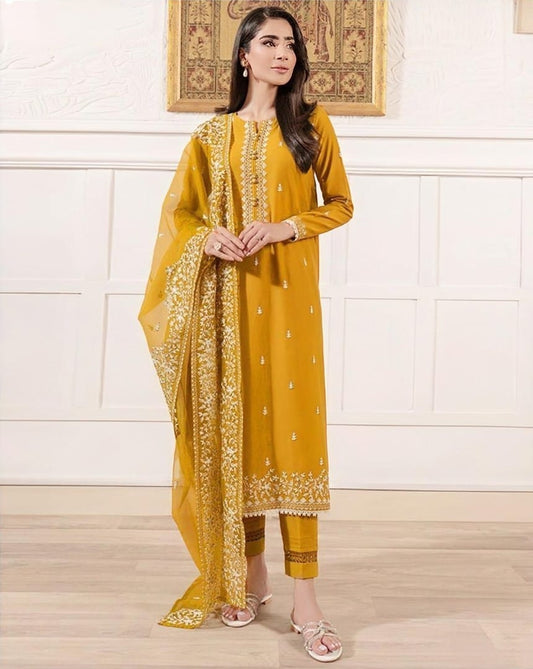 LAWN 3 PIECE | FULL HEAVY EMB UNSTICHED SUIT FOR SUMMER 2025