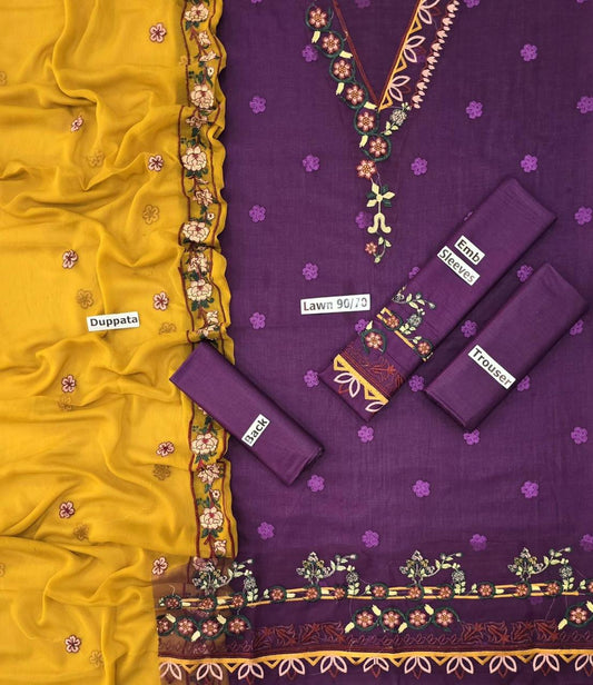 LAWN 3 PIECE | FULL HEAVY EMB UNSTICHED SUIT FOR SUMMER 2025